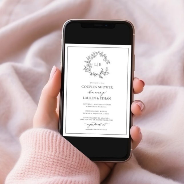 White Black Leafy Crest Monogram Couples Shower Invitation (Creator Uploaded)