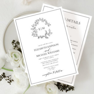 White Black Leafy Crest Monogram Details Wedding Invitation