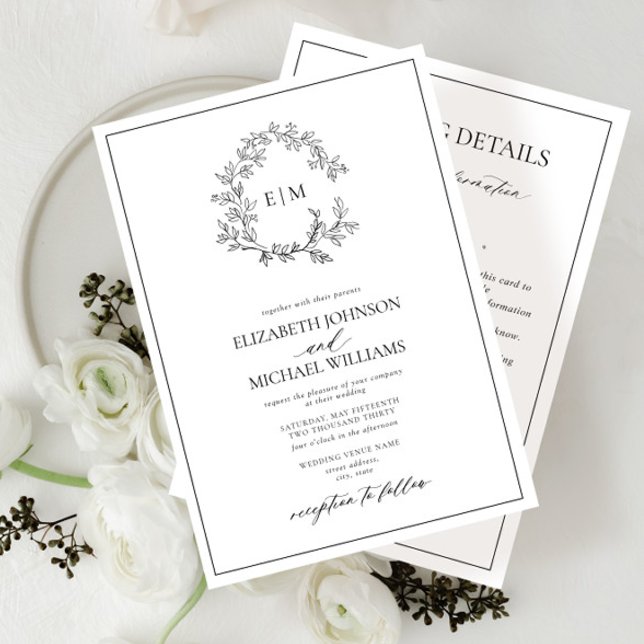 White Black Leafy Crest Monogram Details Wedding Invitation (Creator Uploaded)