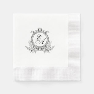 White Black Leafy Crest Monogram Napkin