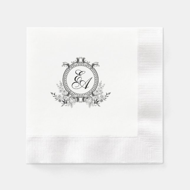 White Black Leafy Crest Monogram Napkin (Front)