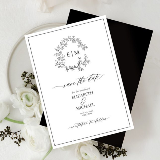 White Black Leafy Crest Monogram Save the Date Invitation (Creator Uploaded)