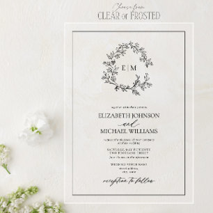 White Black Leafy Crest Monogram Wedding Acrylic Invitations