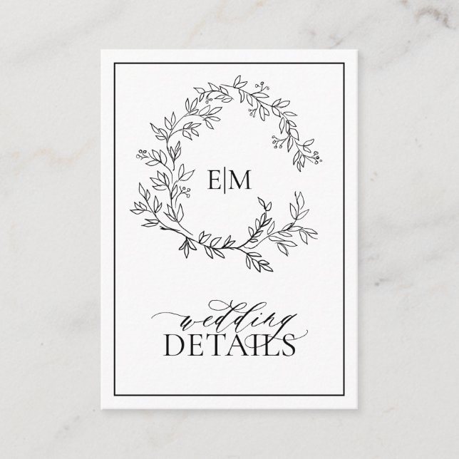 White Black Leafy Crest Monogram Wedding Details Enclosure Card (Front)
