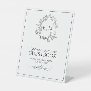 White Black Leafy Crest Monogram Wedding Guestbook Pedestal Sign