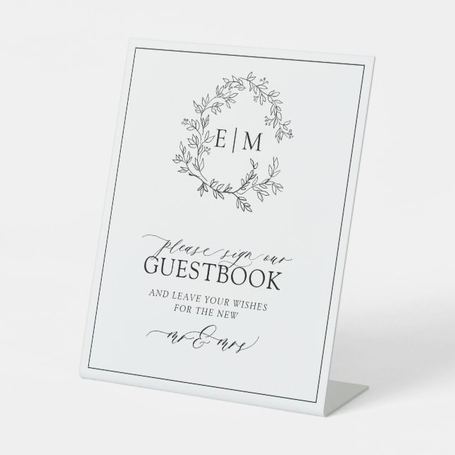 White Black Leafy Crest Monogram Wedding Guestbook Pedestal Sign (Front)