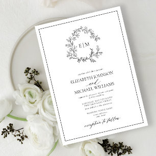 White Black Leafy Crest Monogram Wedding Invitation