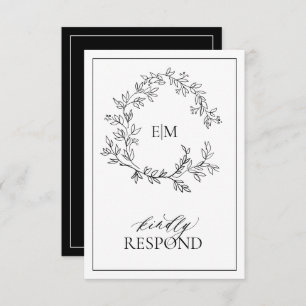 White Black Leafy Crest Monogram Wedding RSVP Card