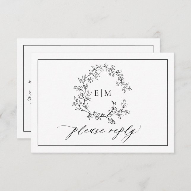 White Black Leafy Crest Monogram Wedding RSVP Card (Front/Back)