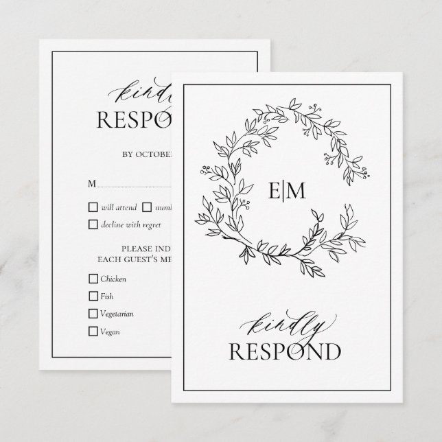 White Black Leafy Crest Monogram Wedding RSVP Card (Front/Back)