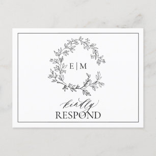 White Black Leafy Crest Monogram Wedding RSVP Invitation Postcard