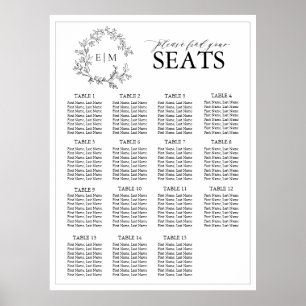 White Black Leafy Crest Monogram Wedding Seating Poster