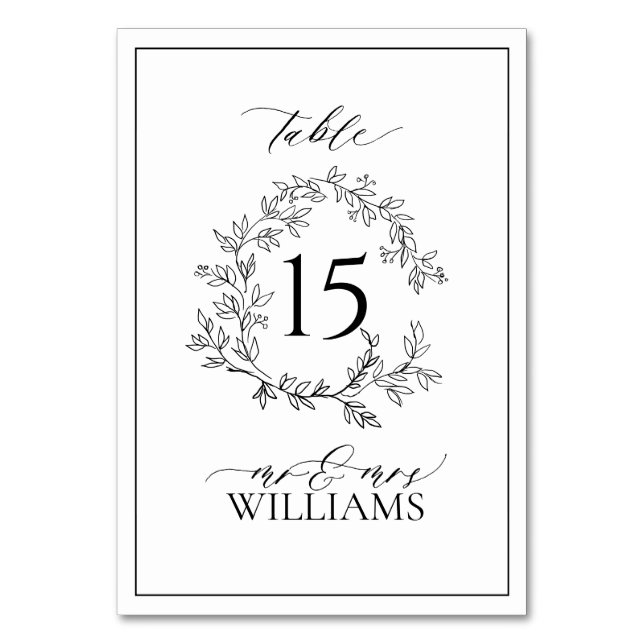 White Black Leafy Crest Monogram Wedding Table Number (Front)