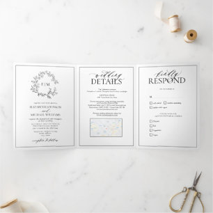 White Black Leafy Crest Monogram Wedding Tri-Fold Invitation
