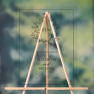 White Black Leafy Crest Monogram Welcome Wedding Acrylic Sign