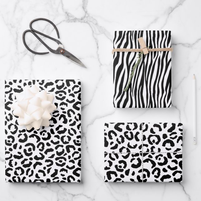 White Black Leopard Zebra Animal Print Wrapping Paper Sheet (Front)