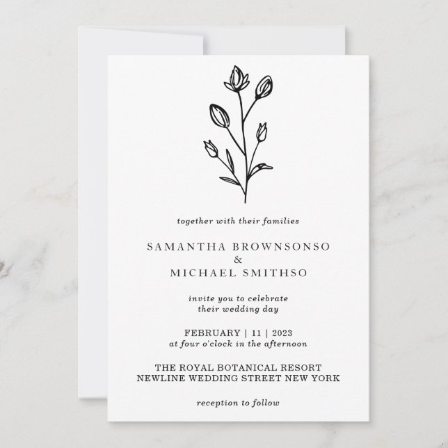 White Black Lettering Flower Bouquet Botanical Invitation (Front)
