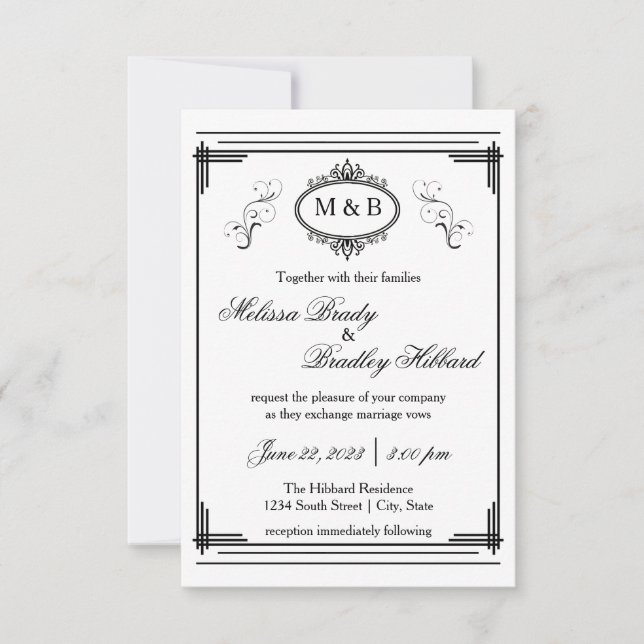 White/Black Lined Frame - 3x5 Wedding Invitation (Front)