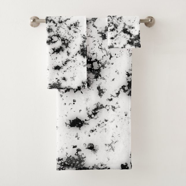 White Black Marble Paint Splash Abstract Bath Towel Set (Insitu)