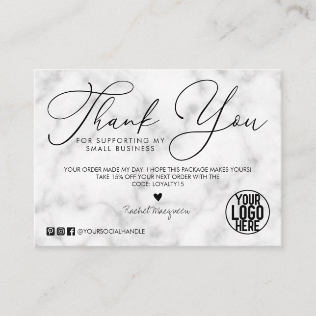 White Black Marble Script Customer Thank You Business Card (Front)