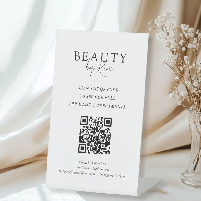 White & Black Minimal Elegant Salon QR-Code Pedestal Sign (White & Black Minimal Elegant Salon QR-Code Pedestal Sign)