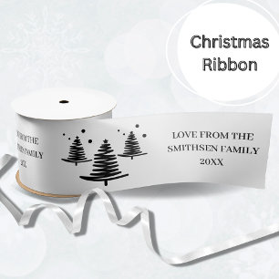 White Black Minimalist Christmas Trees Satin Ribbon