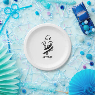 White & Black Minimalist Cute Ghost Halloween Paper Plate