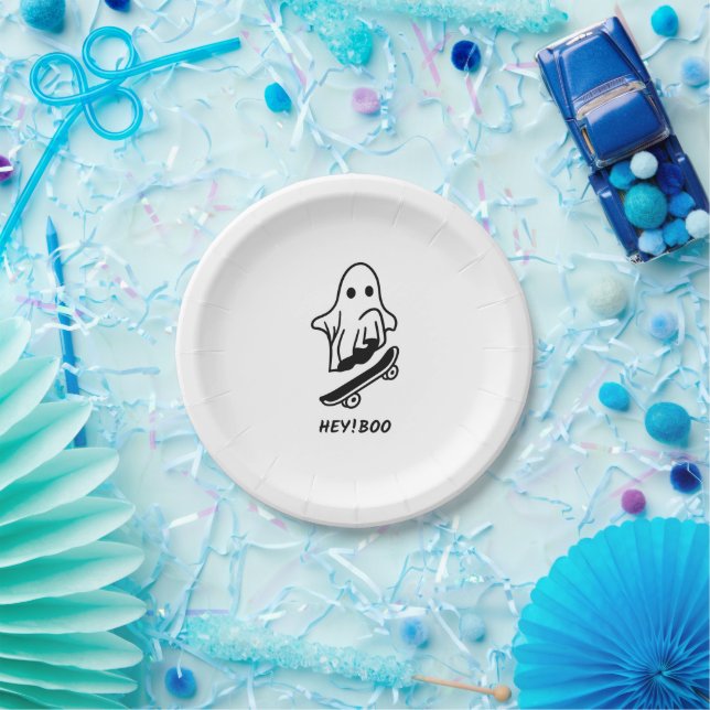 White & Black Minimalist Cute Ghost Halloween Paper Plate (Party)