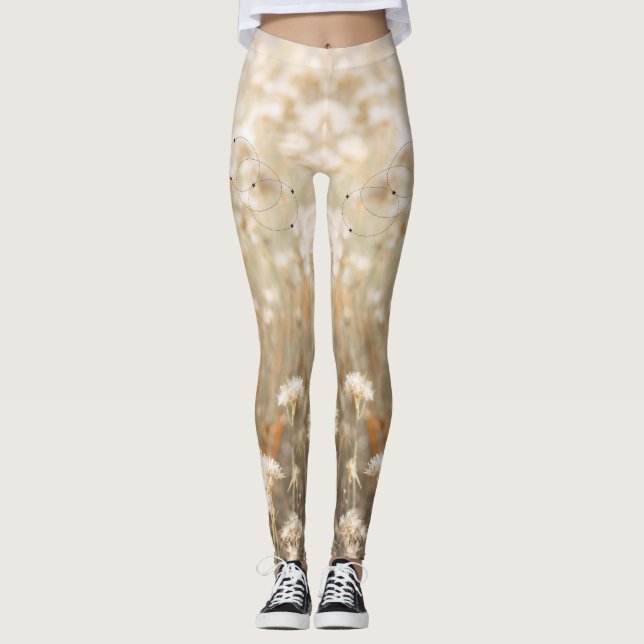 White Black Minimalist Flower Field Self-Care Leggings (Front)