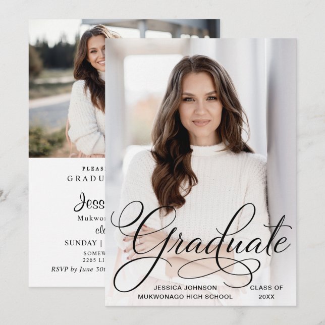 White Black Modern 2 PHOTO Graduation Party Invitation (Front/Back)