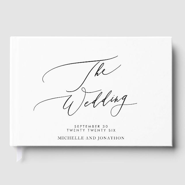 White & Black Modern Calligraphy Wedding Guest Book (Front)