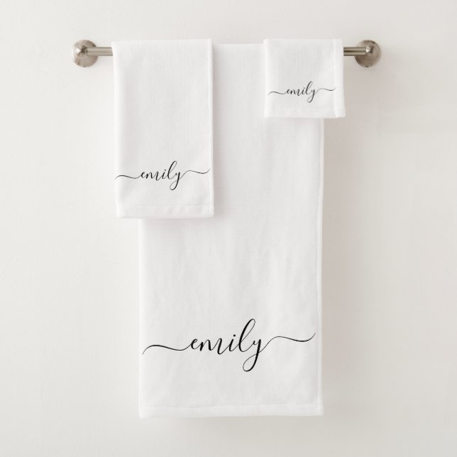 White Black Modern Script Monogram Name Bath Towel Set (Insitu)