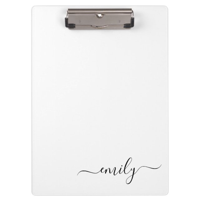 White Black Modern Script Monogram Name Clipboard (Front)