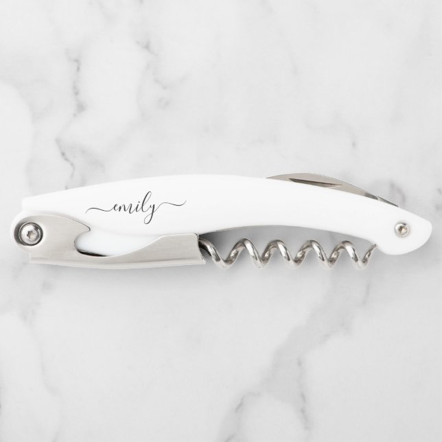 White Black Modern Script Monogram Name Corkscrew (Front)