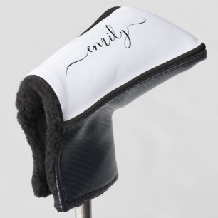 White Black Modern Script Monogram Name Golf Head Cover