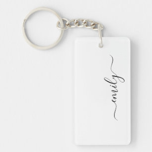 White Black Modern Script Monogram Name Key Ring