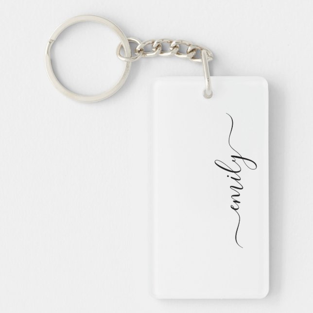 White Black Modern Script Monogram Name Key Ring (Front)