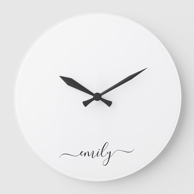White Black Modern Script Monogram Name Large Clock (Front)