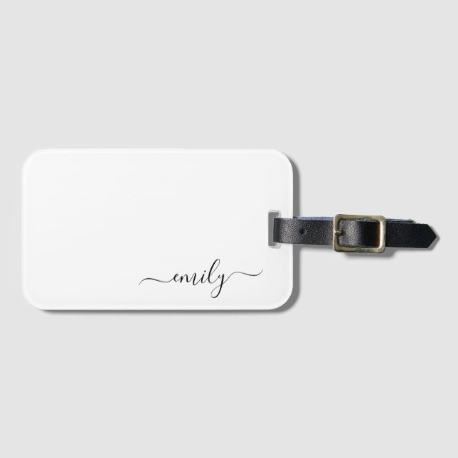 White Black Modern Script Monogram Name Luggage Tag (Front Horizontal)