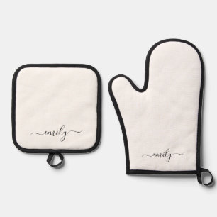 White Black Modern Script Monogram Name Oven Mitt & Pot Holder Set