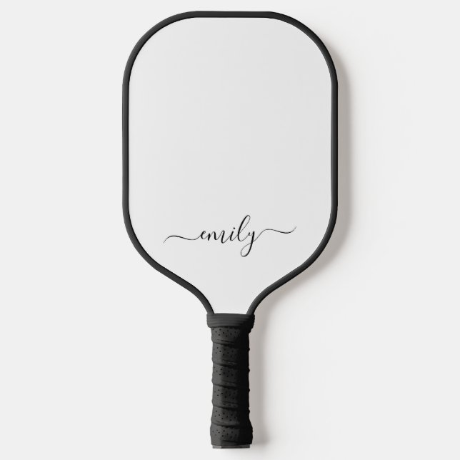 White Black Modern Script Monogram Name Pickleball Paddle (Front)