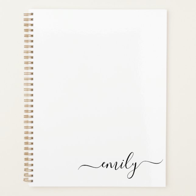 White Black Modern Script Monogram Name Planner (Front)