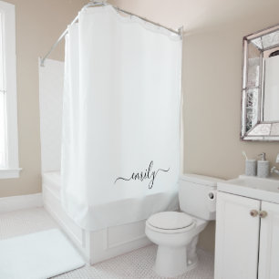 White Black Modern Script Monogram Name Shower Curtain