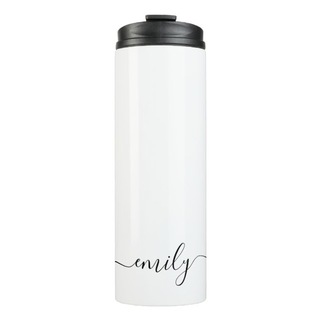 White Black Modern Script Monogram Name Thermal Tumbler (Front)