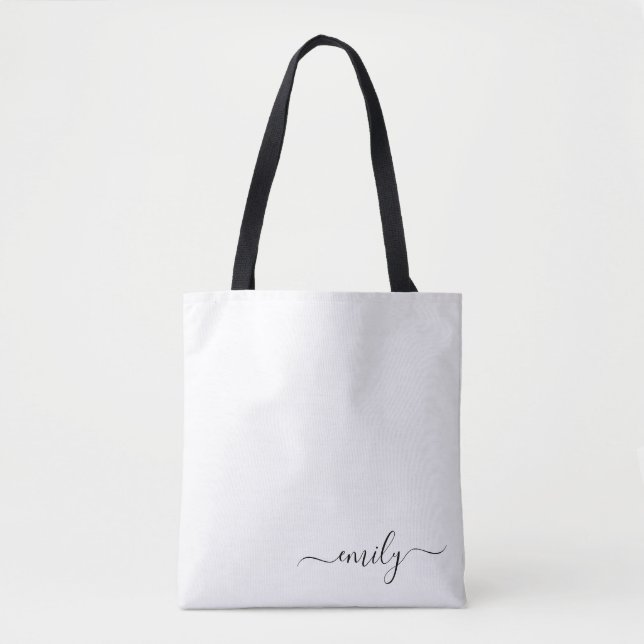White Black Modern Script Monogram Name Tote Bag (Front)