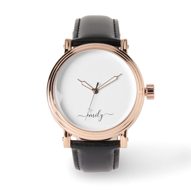 White Black Modern Script Monogram Name Watch (Front)
