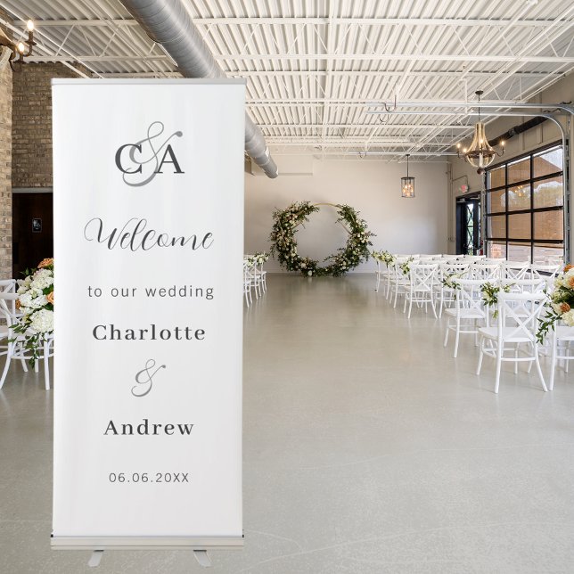 White black modern simple monogram wedding welcome retractable banner (Creator Uploaded)