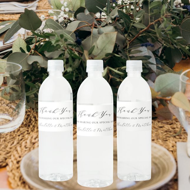 White black modern wedding thank you water bottle label (Creator Uploaded)