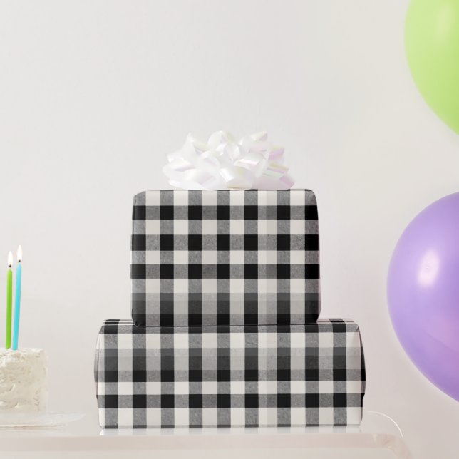 White Black Monochrome Check Ivory Plaid Pattern Wrapping Paper (Party Gifts)
