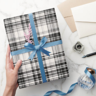 White Black Monochrome Check Ivory Plaid Pattern Wrapping Paper